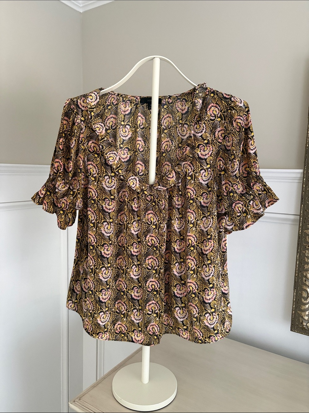 J. Crew Pink and Brown Paisley Ruffle-Sleeve Top